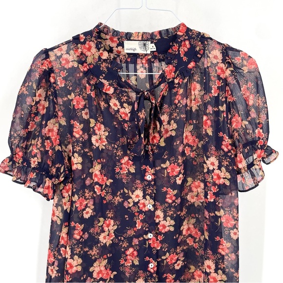Anthropologie Everleigh Floral Tie Neck Ruffle Short Sleeve Button Blouse Top - Picture 2 of 6